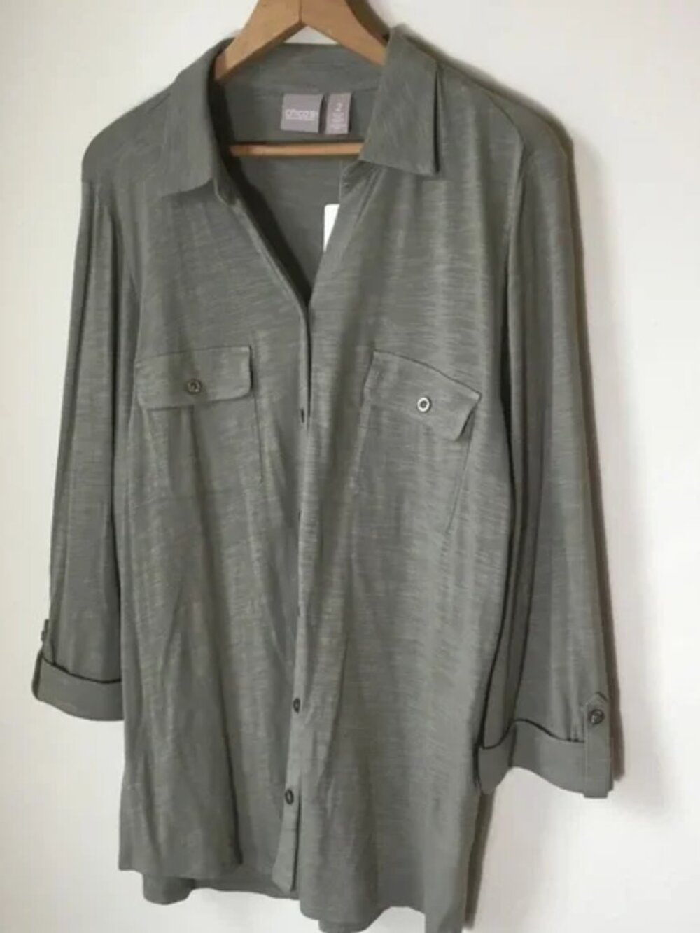 Chico's Knit Olive 3/4 Sleeve Button Down Shirt - Large